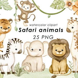 Clipart de aquarela de animais de safari, clipart de animais da selva, decoração neutra de parede de berçário, chá de bebê, animais fofos png