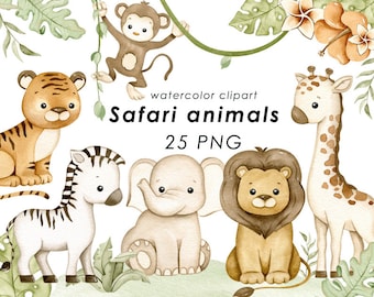 Safari animaux aquarelle clipart, animaux de la jungle clip art, décor mural neutre de la pépinière, baby shower, animaux mignons png