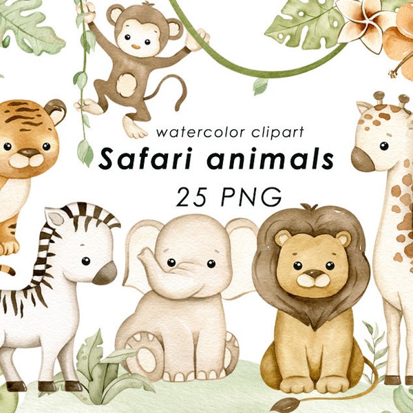 Safari animals watercolor clipart, jungle animals clip art, neutral nursery wall decor, baby shower, cute animals png