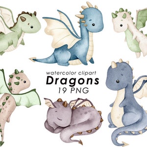 Imágenes prediseñadas de acuarela de dragones, lindo dragón PNG, arte de pared para guardería, imágenes prediseñadas para niños, fiesta infantil, baby shower