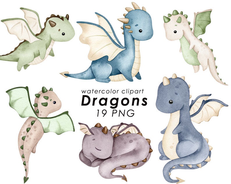 Drakar akvarell clipart, söt drake PNG, väggkonst för barnrum, pojkar clipart, barnkalas, babyshower bild 1