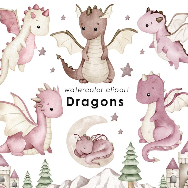 Dragons watercolor clipart, cute dragon PNG, nursery wall art, girls clipart, kids party, baby shower