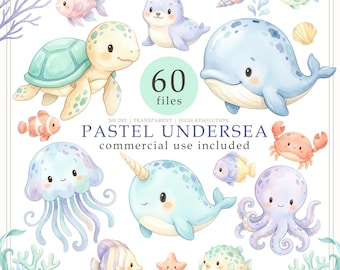 Pastel Undersea watercolor clipart, ocean animals PNG, Sea Life baby shower, Nursery decor, Commercial use