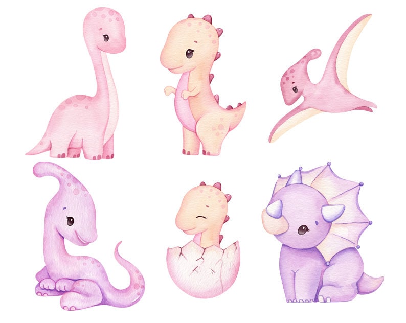 Puede incluir: Un conjunto de seis ilustraciones de acuarela de lindos dinosaurios de dibujos animados en varias poses. Los dinosaurios son de color rosa, morado y amarillo con detalles blancos. Todos los dinosaurios sonr&iacute;en y tienen ojos grandes.