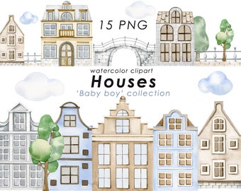 Houses watercolor clipart, buildings clip art, homes PNG, nursery decor, baby boy