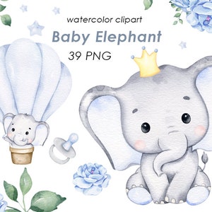 Clipart acquerello elefante, simpatico elefantino PNG, clip art per neonato, baby shower, arredamento della scuola materna