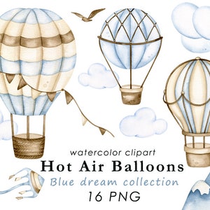 Watercolor hot air balloons clipart, it's a boy png, nursery wall decor, baby boy, digital download