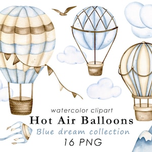 Watercolor hot air balloons clipart, it's a boy png, nursery wall decor, baby boy, digital download