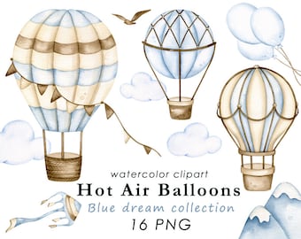 Globos aerostáticos de acuarela, clipart, es un niño png, decoración de pared de guardería, bebé niño, descarga digital