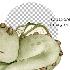May include: A watercolor illustration of a green dragon curled up sleeping. The dragon has brown horns and a cute, sleepy expression.