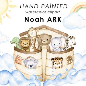Clipe em aquarela da arca de Noé, decoração de berçário, clipart neutro, clipart da bíblia, animais bute
