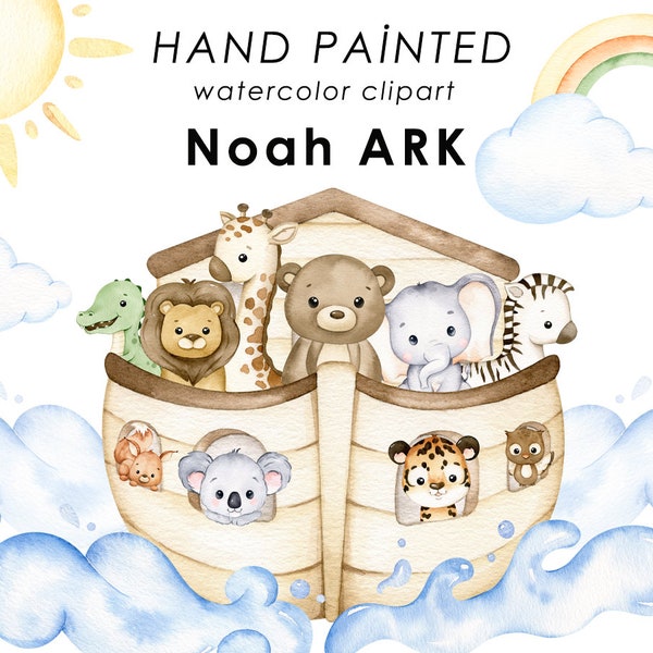 Arche Noah Aquarell Clipart, Kinderzimmer Dekor, neutrale Clipart, Bibel Clipart, Tiere