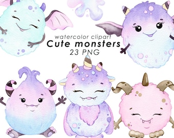 Monsters watercolor clipart, girl monster clip art, rainbow cute monters, nursery decor