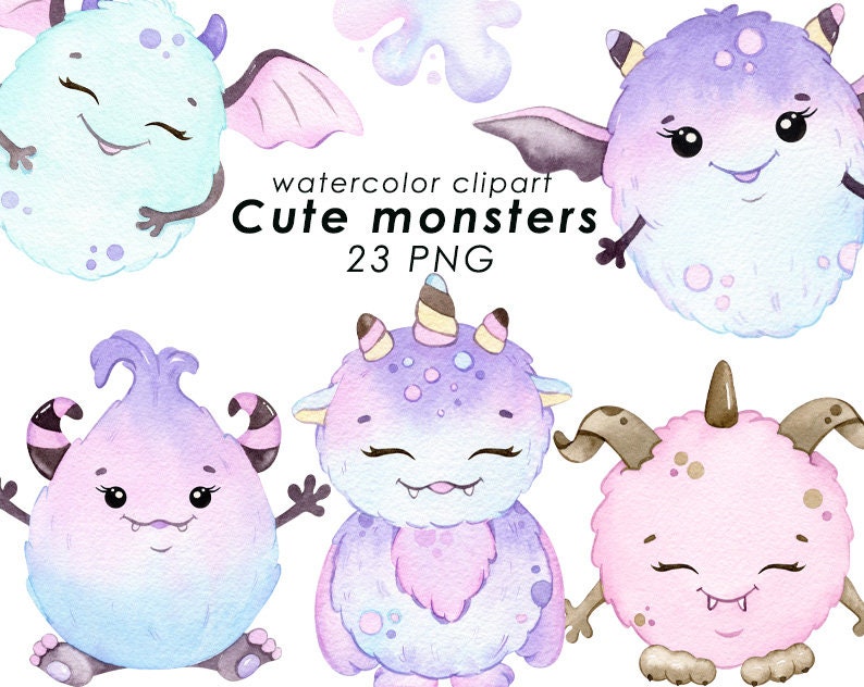 Monsters watercolor clipart, girl monster clip art, rainbow cute monters, nursery decor