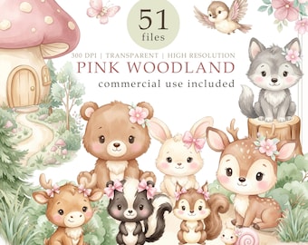 Pink woodland animals clipart, forest animals png, Girl baby shower, nursery decor, Commercial use