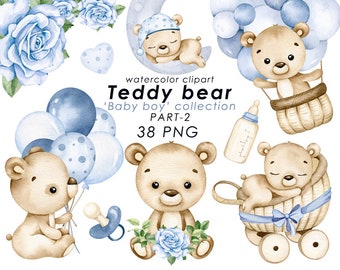 Teddy bear clipart, watercolor baby bear, nursery decor, baby boy, baby shower, boys clip art