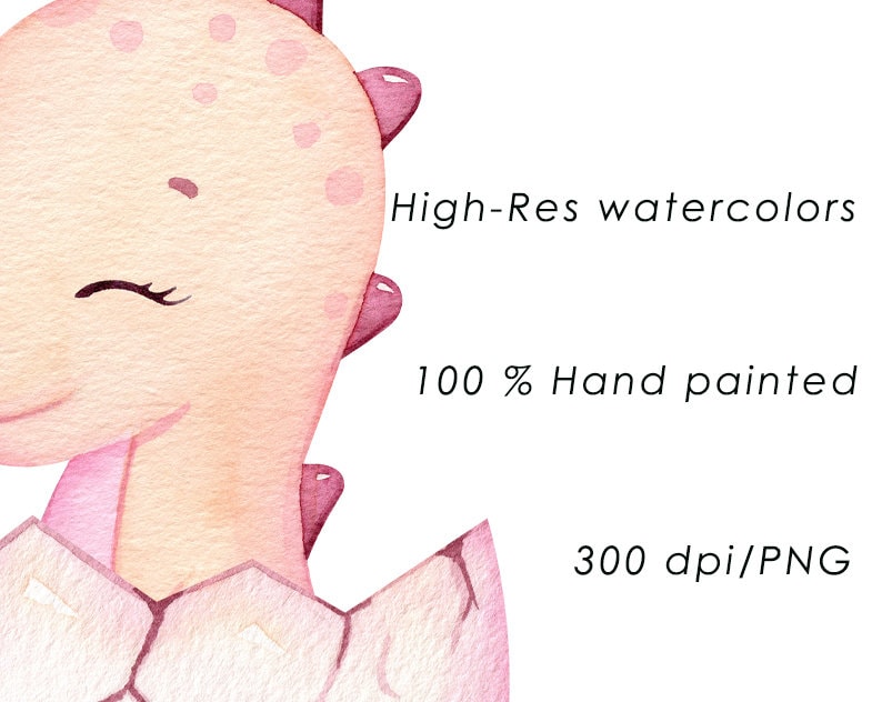 Puede incluir: Una ilustraci&oacute;n de acuarela de un dinosaurio rosa saliendo de un huevo. El dinosaurio tiene una expresi&oacute;n linda y est&aacute; rodeado de detalles de acuarela rosa y blanca. La imagen est&aacute; etiquetada como "Aquarelas de alta resoluci&oacute;n", "100% Pintado a mano" y "300 dpi/PNG".