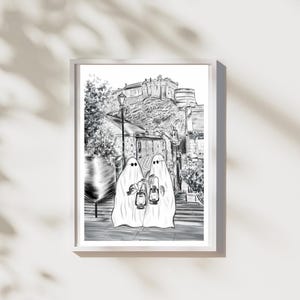 Gespenst Edinburgh Schloss A4 Druck | Gothic Halloween Kunst | Gruselige Vennel Schritte Illustration | Witchy Schottland Kunst | Verwunschen Edinburgh Kunstwerk