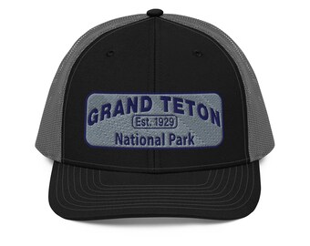 Grand Teton National Park Trucker Hat: Embroidered Wyoming Patch