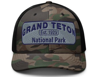 Grand Teton Camo Trucker Hat: Wyoming Embroidered Patch Otto Cap