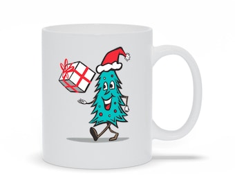 Taza de café con árbol de Navidad sonriente: un regalo para las fiestas