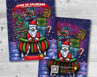 May include: A colouring book titled Livre de Coloriage LimonadeCitron Volume 22 featuring a cartoon Santa Claus in a red and green sleigh surrounded by wrapped Christmas gifts against a dark purple starry background with snow.