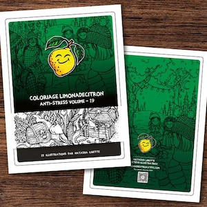 May include: Two coloring books with green and white covers. The front cover features a smiling yellow lemon illustration and the text "COLORIAGE LIMONADECITRON ANTI-STRESS VOLUME - 19". The back cover has a similar illustration. The books are on a wooden surface.