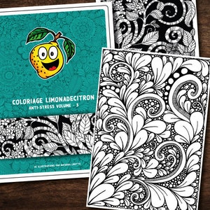 May include: A colouring book cover with a teal background and a cartoon lemon with a happy face. The title is "Coloriage Limonadecitron Anti-Stress Volume 3" and the text "25 illustrations par Natasha Libette" is at the bottom. The cover is next to a page from the book with a black and white intricate design of leaves and swirls.