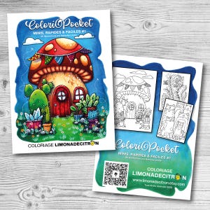 Peut inclure: Un livre de coloriage intitulé ColoriPocket Minis, Rapides & Faciles #1 par Natashia Lirette. La couverture montre une maison champignon colorée avec des cactus, tandis que le dos présente des pages en noir et blanc et un code QR Limonadecitron.
