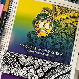 May include: A spiral bound coloring book with a yellow, green, and blue gradient cover. The cover features a cartoon lemon with a worried expression and the text "COLORIAGE LIMONADECITRON ANTI-STRESS VOLUME - 13". The back cover shows a black and white illustration of a mandala design. The text "25 ILLUSTRATIONS PAR NATASHA LIRETTE" is printed on the bottom of the cover.