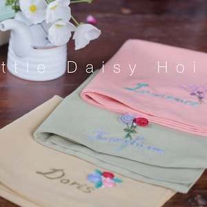 Custom Hand Embrodiery Linen Handkerchief Embroidered Floral Name Embroidered Handkerchief