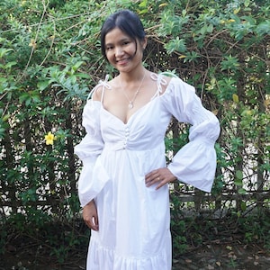 Cotton Linen Dress Puffy  Sleeves Flowy Midi Dress Puff Sleeve Knee-Length Dress | Perfect Prom or Wedding Guest Outfit
