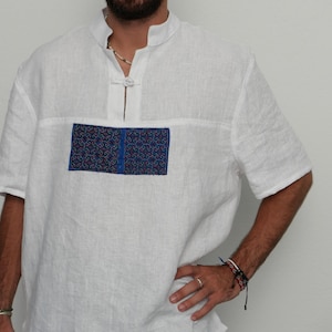 Linen Shirt For Men Hand Embroidery Mens Linen T-shirt For Him Summer T-shirt Gift For Dad Gift For Boss Stylish Embroidered Linen Shirt