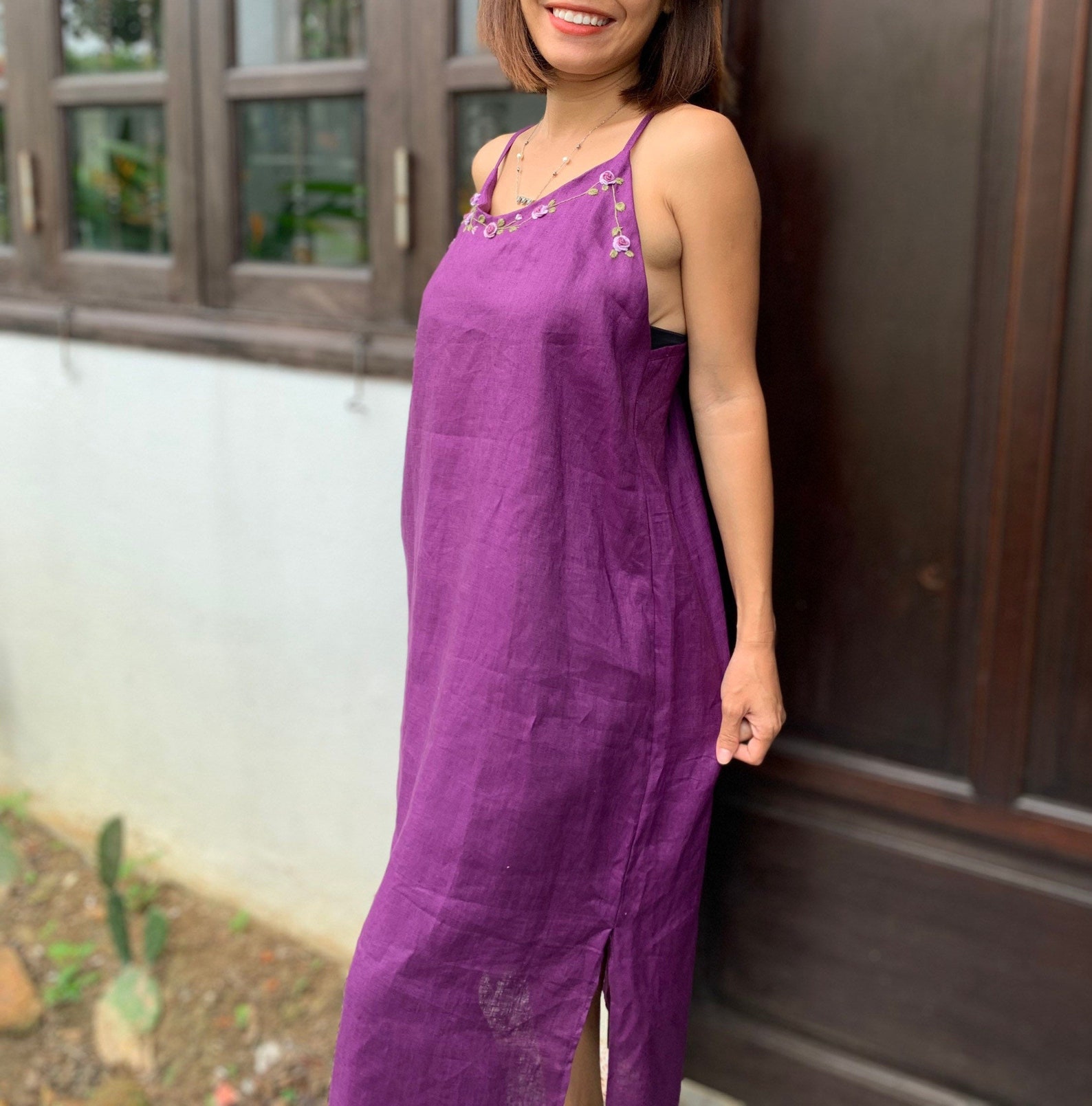 Purple Linen Dress With Rose Hand Embroidered Etsy — free download