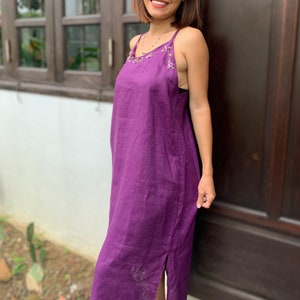 Purple linen dress with rose hand embroidered