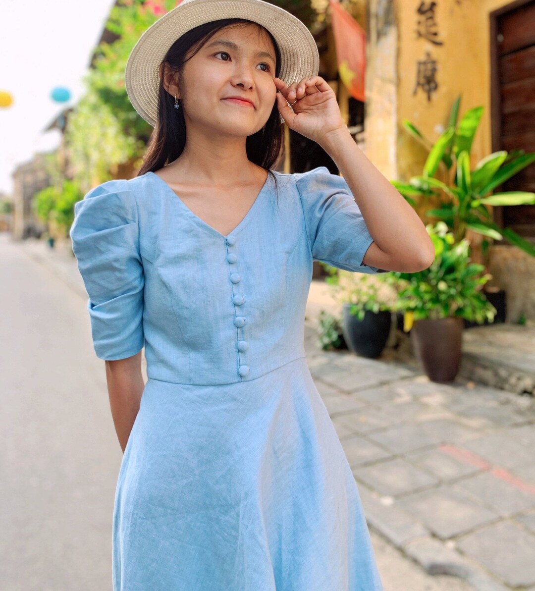 Wenrine Women's Light Blue Pleated A Line Swing Flowy Dress main image 0
