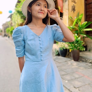 Linen Floating Dress Pleated Puff Sleeve Linen Dress For Women Blue Sky Linen Dress Blue Flowy Midi Dress With Sleeves