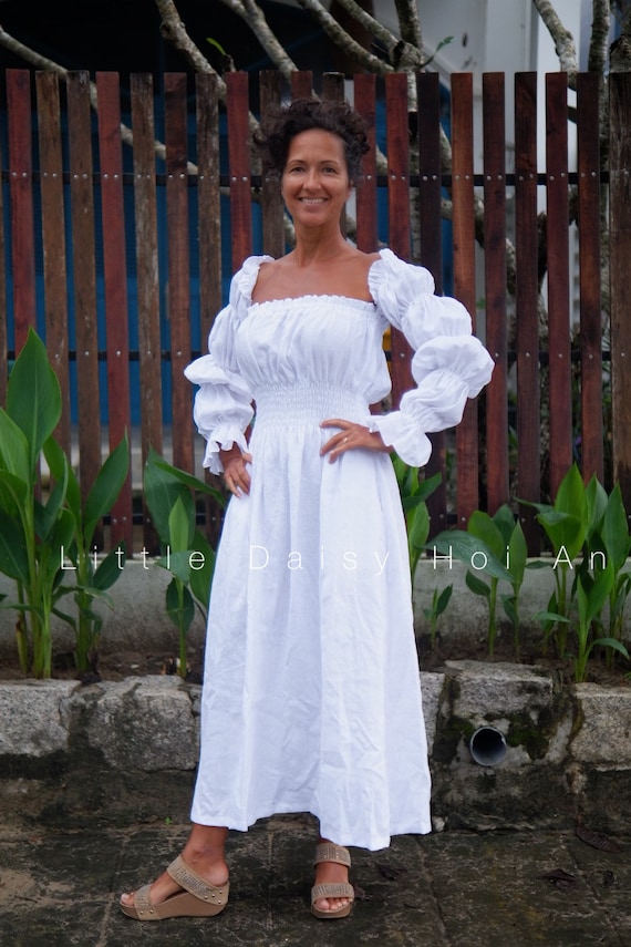Puff Sleeve Linen Dress Shirred Waist Custom Colors Princess Dress Fantasy
