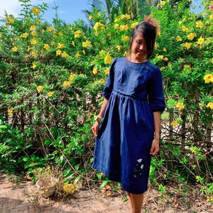 Navy Blue Linen Dress Hand Embroidery Daisy Embroidered Linen Babydoll Comfortable Freesize Linen Dress