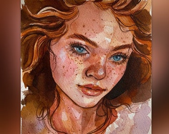Redhead girl, freckled face, watercolor sketch women, Wall Art Home Decor original woman portrait, watercolor painting