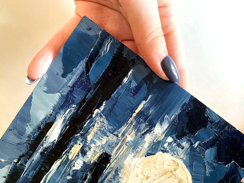 Night Sky Painting Big Moon Wall Art Night Sea Painting Abstract ...