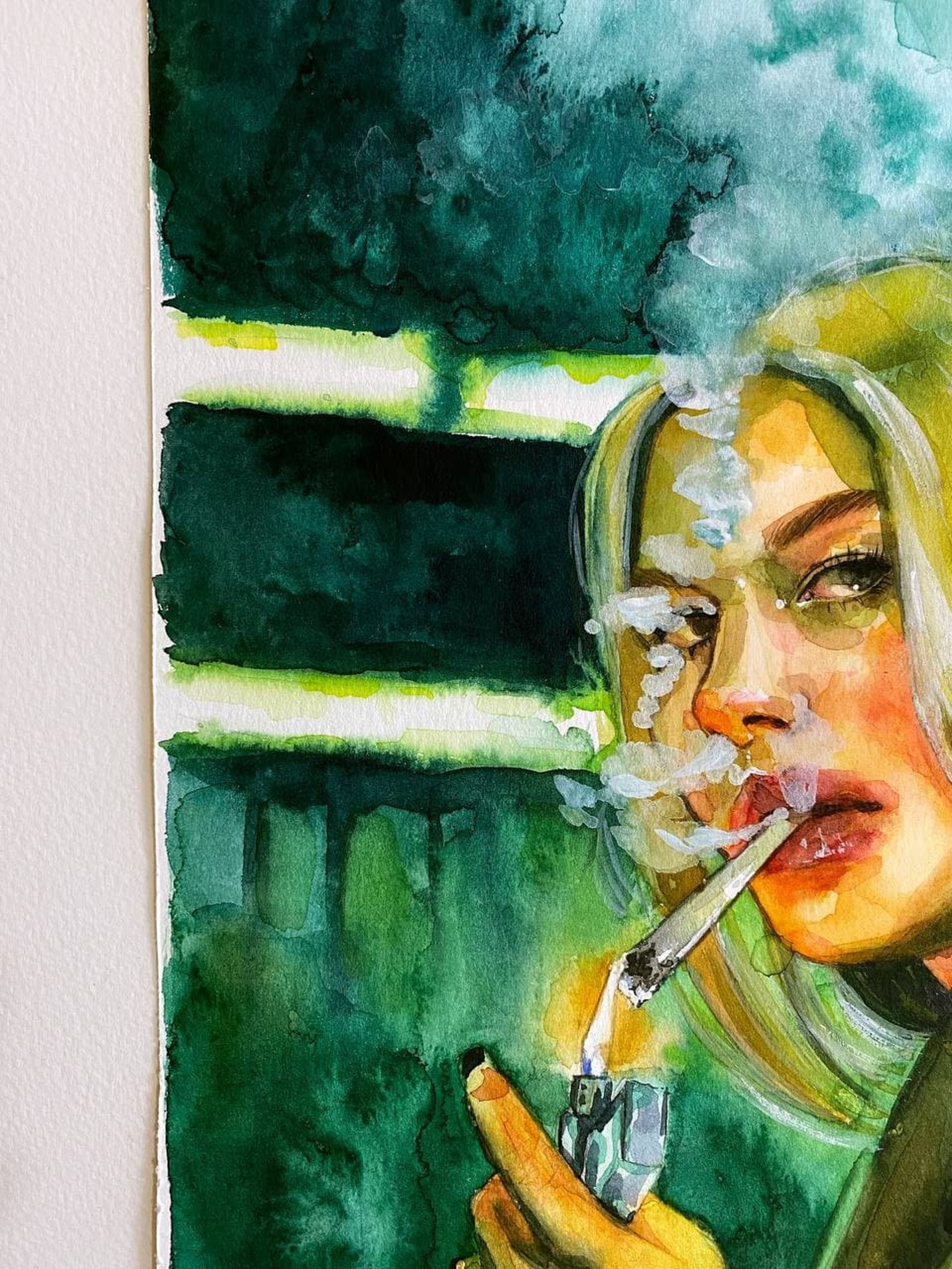 Woman Smoking Cigarette Smoke Watercolor Wall Art Home Decor Etsy