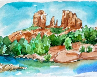 Sedona schilderij Arizona Art Cathedral Rock schilderij bergen Home decor kleine aquarel schilderij originele kunstwerken