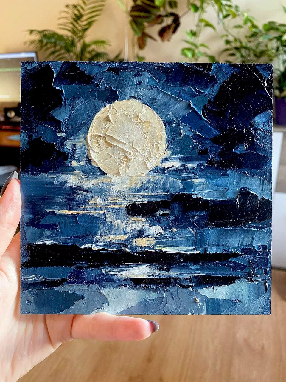 Night Sky Painting Big Moon Wall Art Night Sea Painting Abstract ...