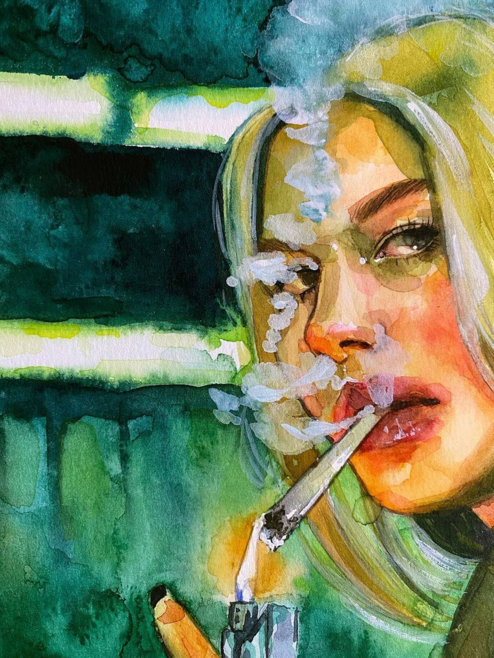 Woman Smoking Cigarette Smoke Watercolor Wall Art Home Decor Etsy