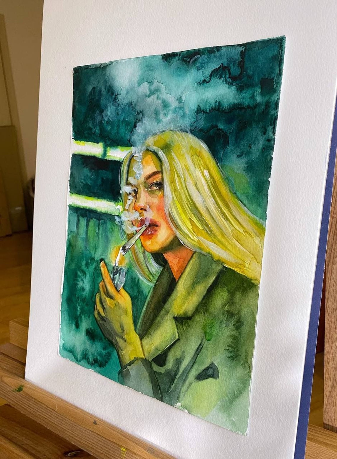 Woman Smoking Cigarette Smoke Watercolor Wall Art Home Decor Etsy
