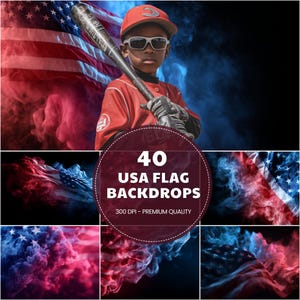 Puede incluir: Una persona con uniforme de béisbol rojo y gafas de sol sostiene un bate frente a una bandera estadounidense humeante. La imagen está rodeada de imágenes más pequeñas de la bandera con el texto "40 USA FLAG BACKDROPS" y "300 DPI - PREMIUM QUALITY".