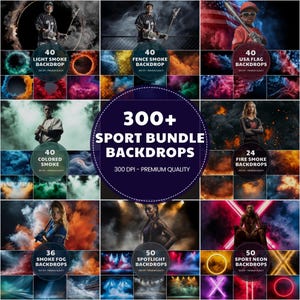 May include: A promotional image displaying a collection of sports-themed backdrops. The image features various sports figures and colourful smoke effects. Text includes "300+ Sport Bundle Backdrops" and "300 DPI - Premium Quality."
