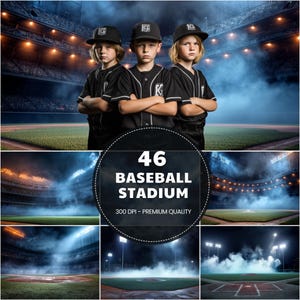 May include: Three young baseball players in black uniforms and caps stand with arms crossed, set against a stadium backdrop. The image includes a collage of baseball stadium scenes with the text "46 BASEBALL STADIUM" and "300 DPI - PREMIUM QUALITY".