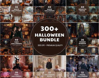 May include: A collection of Halloween-themed digital images. The images include scenes such as a haunted house, cozy settings, and spooky windows. The bundle includes the text "300+ Halloween Bundle" and various sub-categories like "White Halloween" and "Pink Halloween".